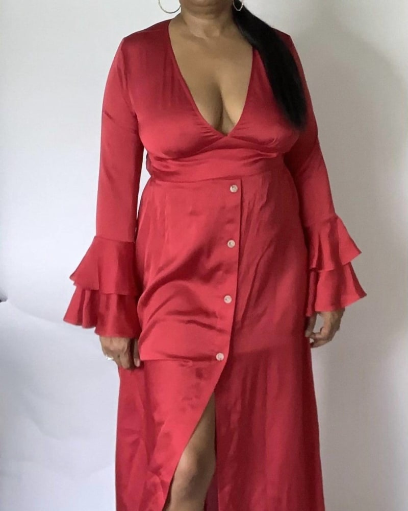 Front of a model wearing a size Large Ruffled Sleeve Satin Dress in Red in Red by Dress Day. | dia_product_style_image_id:334922